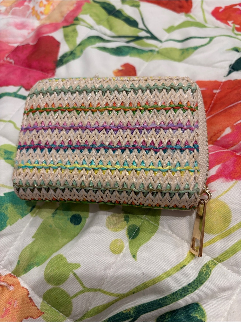 Woven Multicolor Zip Wallet - Cream with Rainbow Stripes